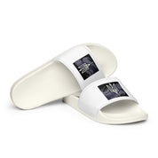 Black and white Pidkradyli slip-on sandals with Ukrainian Tryzub emblem, designed for comfort and style, perfect for indoor and outdoor wear.