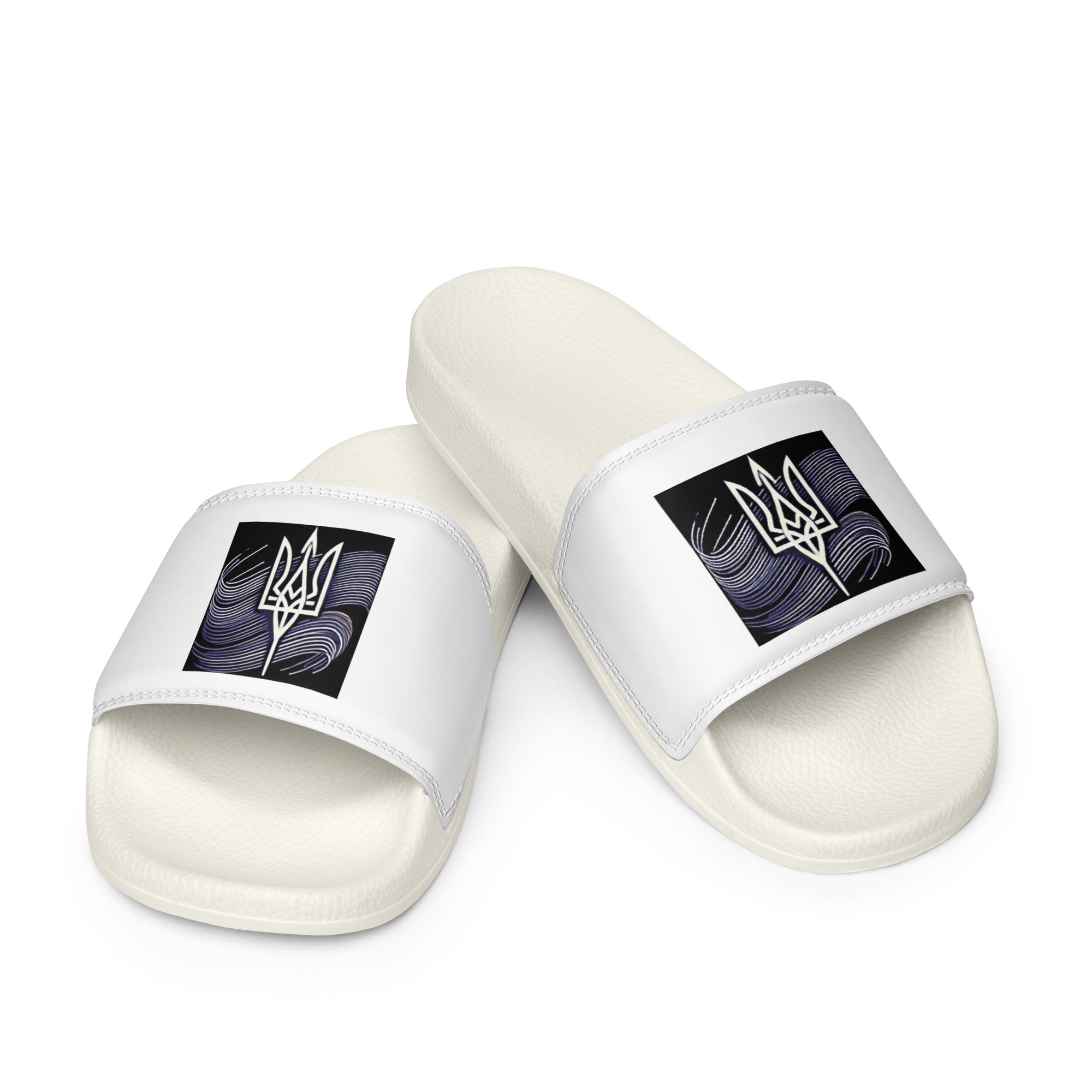 Men's 'Pidkradyli' black sandals featuring Ukrainian Tryzub emblem, comfortable slip-on design, durable and water-resistant.