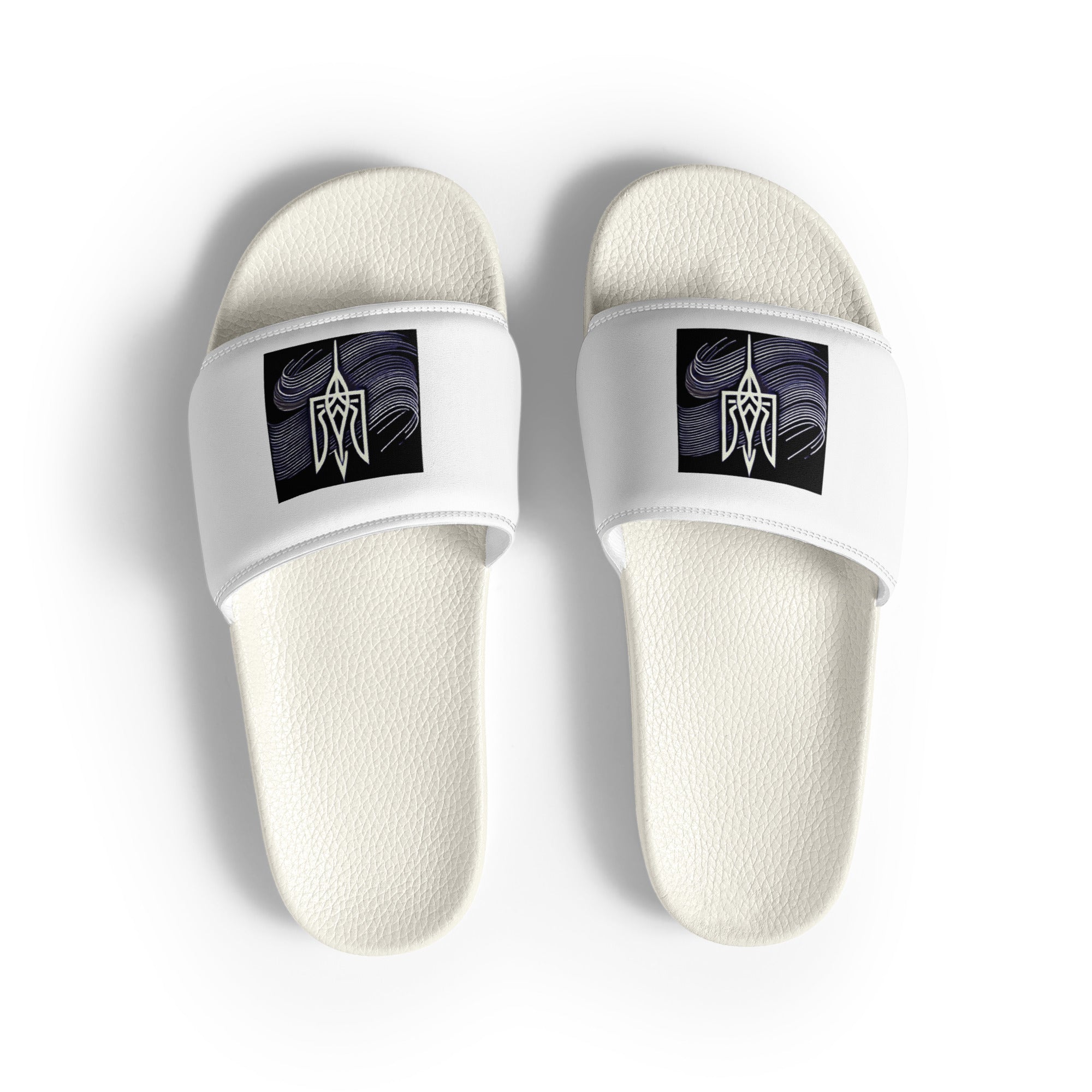 White 'Pidkradyli' slip-on sandals with Ukrainian Tryzub emblem, featuring a sleek black and white design for modern style and comfort.