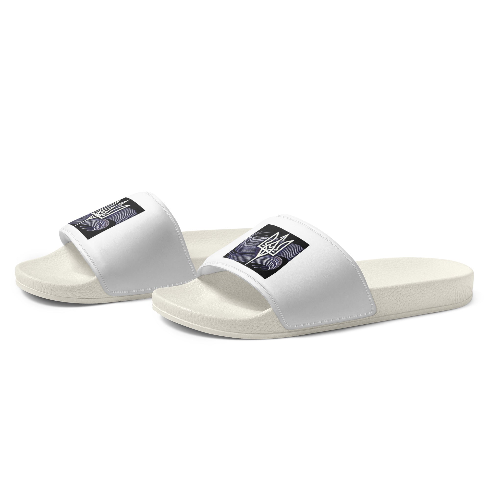 Black men's slip-on sandals with Tryzub emblem, white design, water-resistant, comfortable and modern for casual wear.