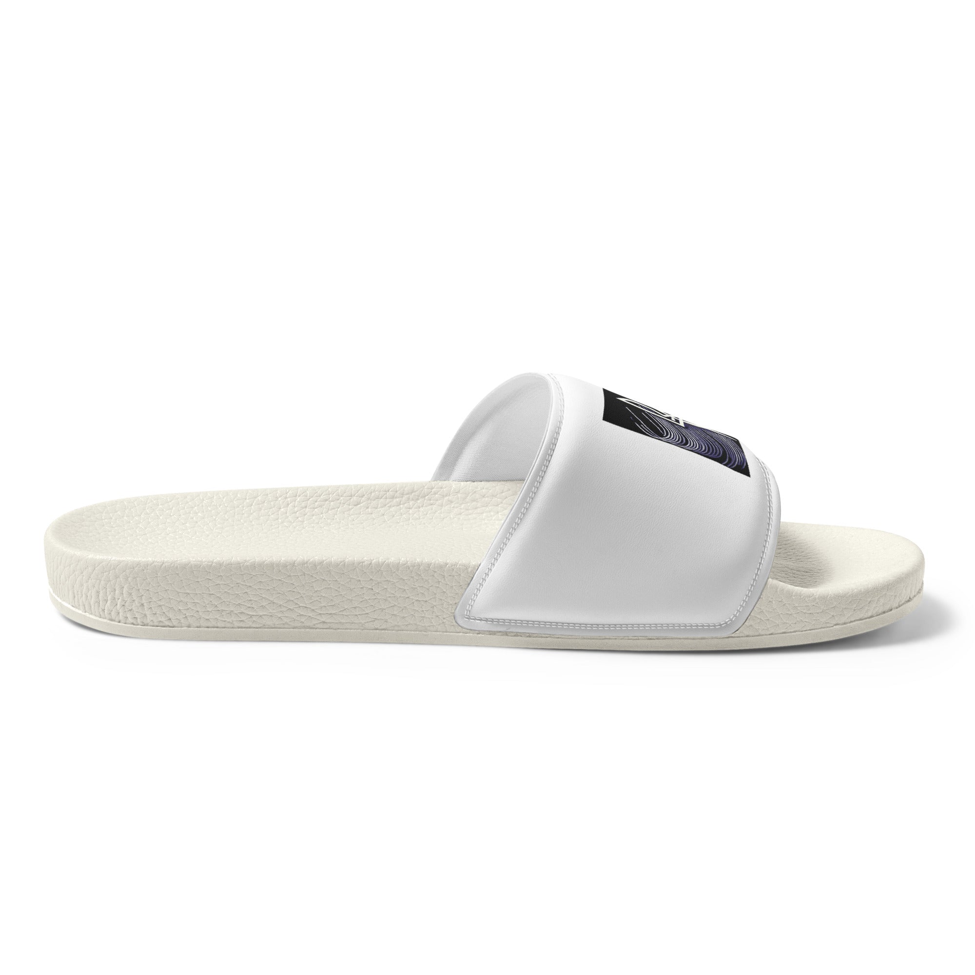 Black and white slip-on sandal with Ukrainian Tryzub emblem, lightweight and comfortable design for indoor and outdoor use.