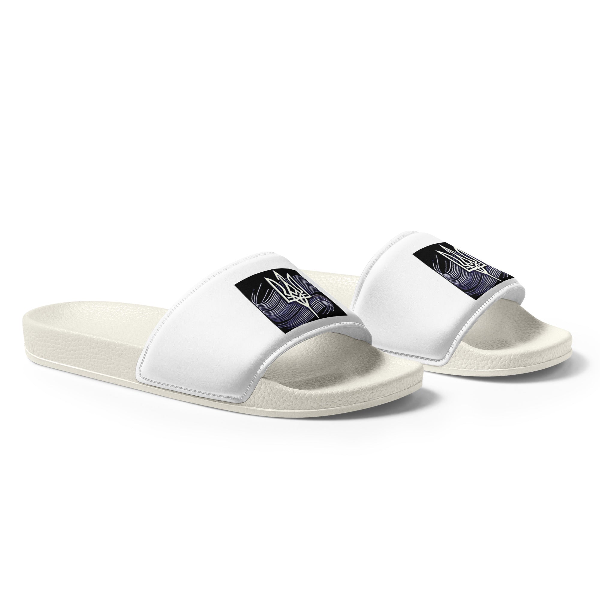 Black and white "Pidkradyli" men's slip-on sandals featuring Ukrainian Tryzub emblem, durable and water-resistant design.