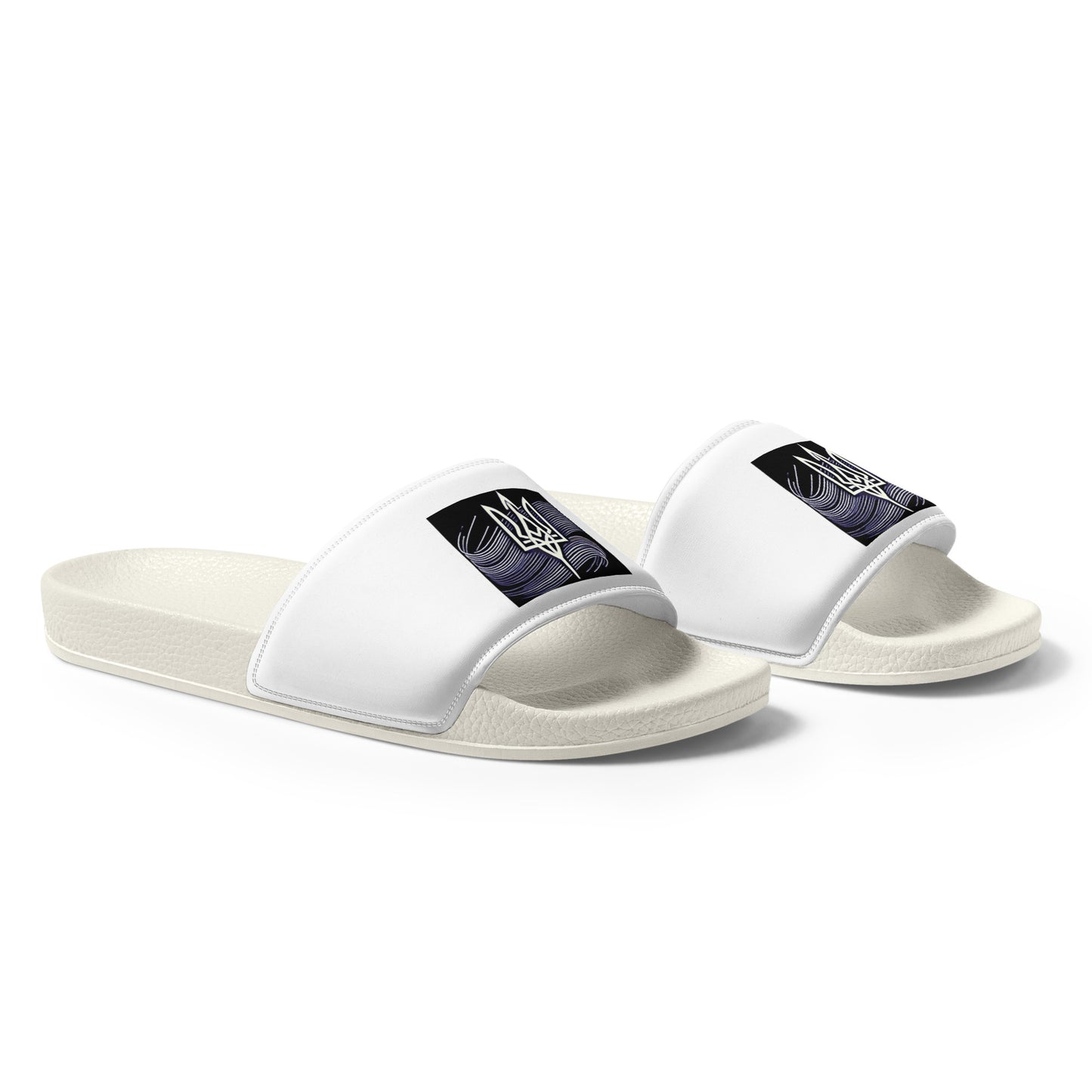 Slip-On Sandals "Pidkradyli" with Ukrainian Tryzub Emblem, Comfortable Slides, Patriotic Black and White Footwear for Everyday Wear