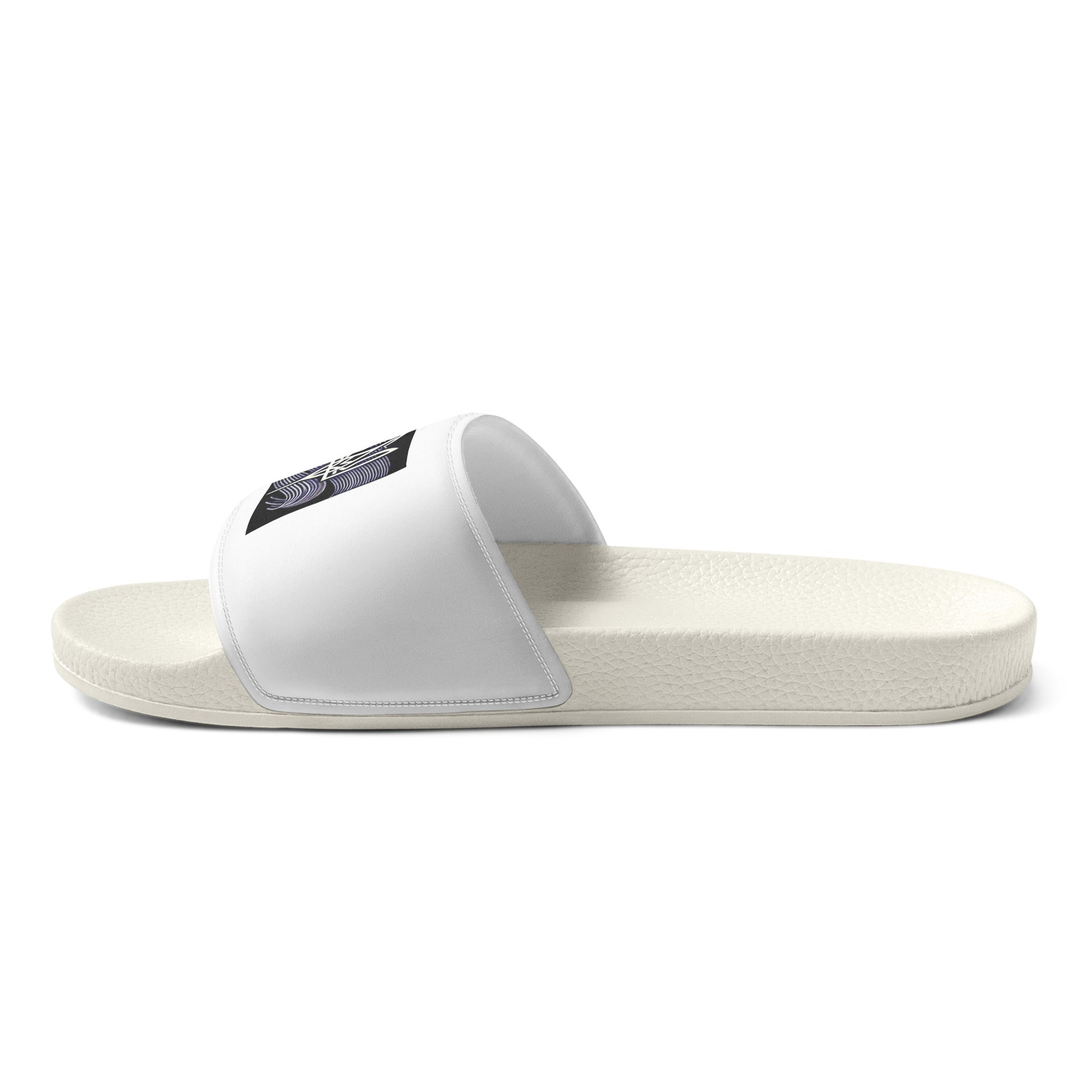 Men's Pidkradyli black and white slip-on sandals with Ukrainian Tryzub emblem, side view, comfortable and durable design.
