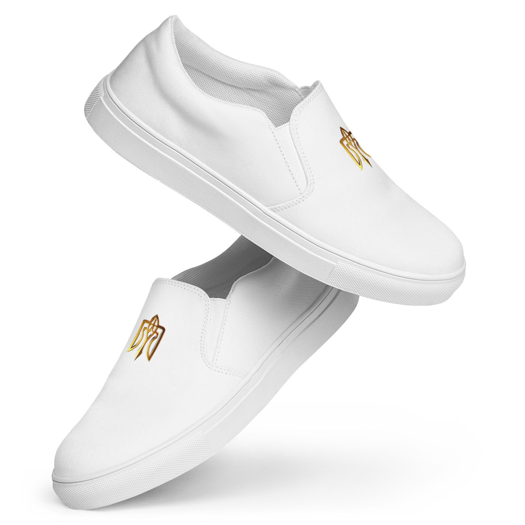 Gold Ukrainian Trizub slip-on canvas shoes with white rubber outsole and elastic accents for comfort and durability.