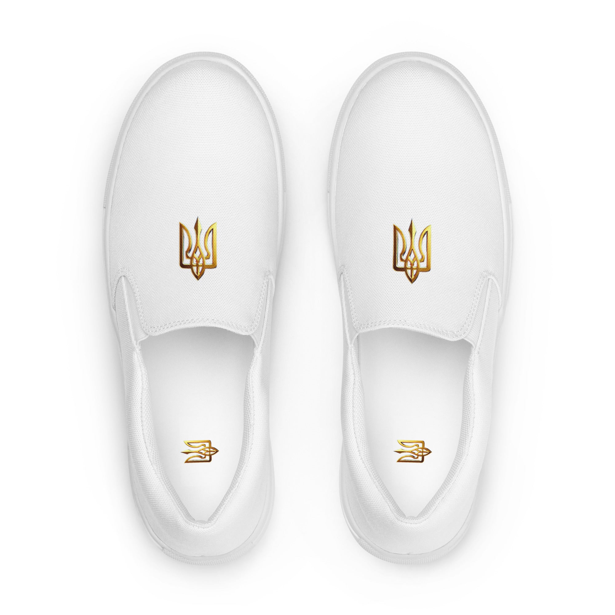Gold Ukrainian Trizub slip-on canvas shoes with rubber outsole and soft removable insole, showcasing style and comfort.