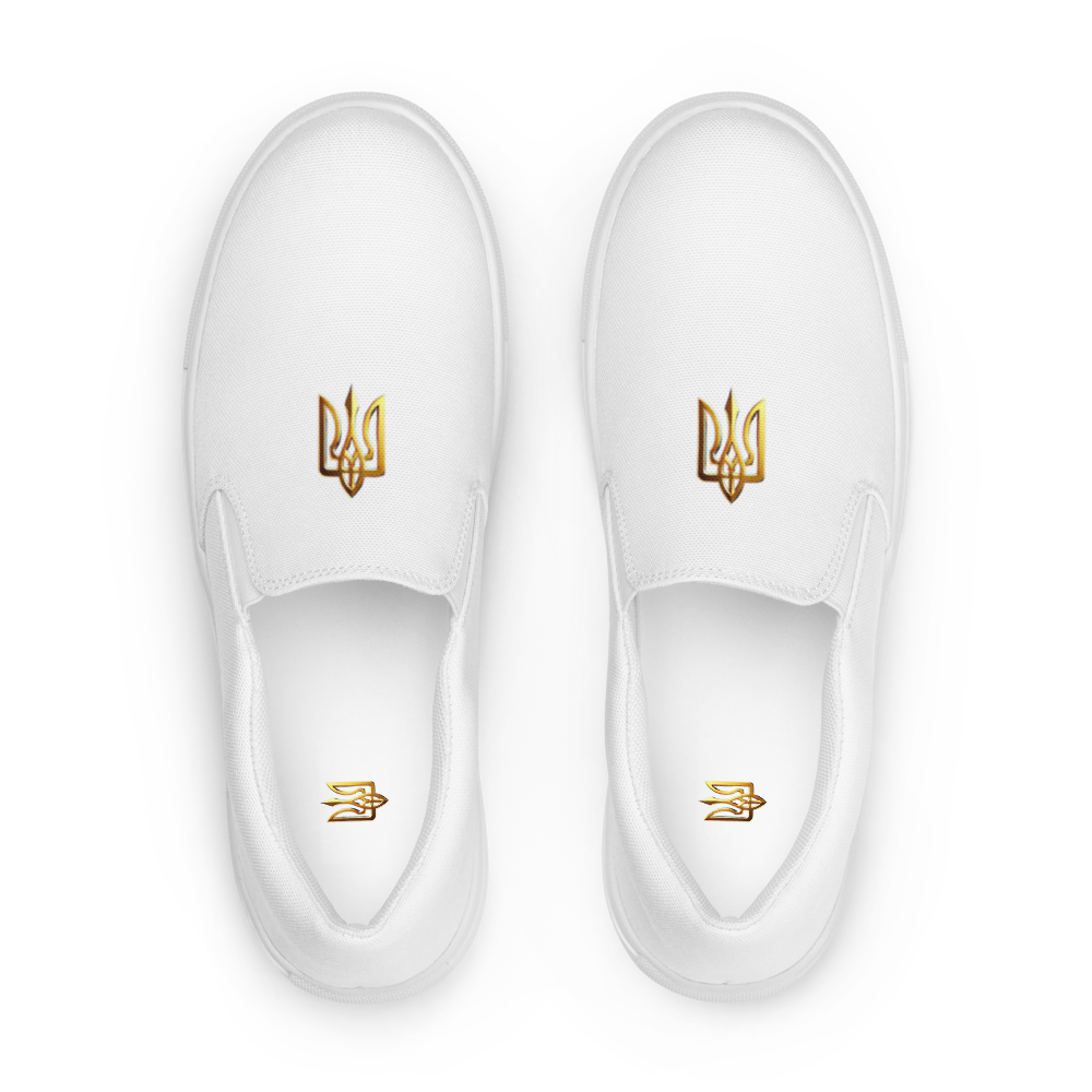 Gold Ukrainian Trizub Slip-On Canvas Shoes with white background and removable insoles for comfort and style.
