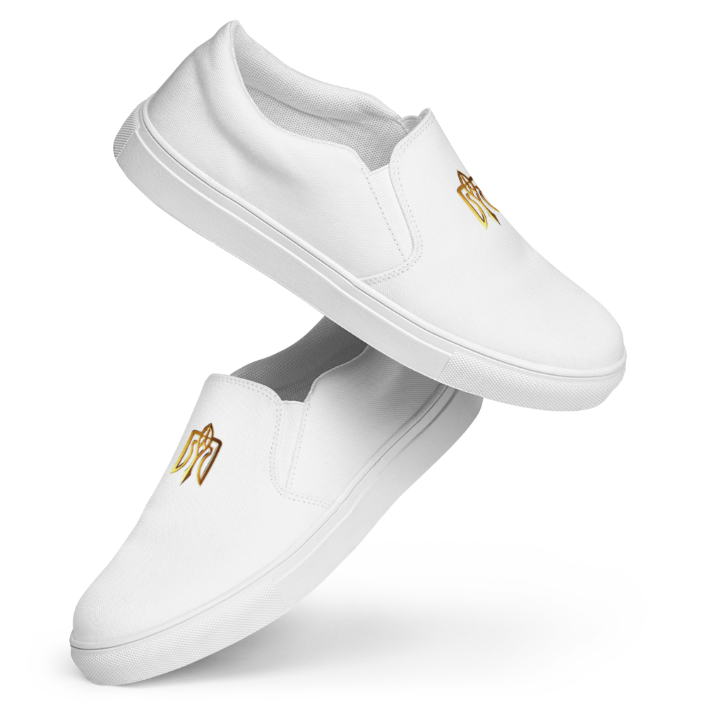 Gold Ukrainian Trizub slip-on white canvas shoes with durable rubber outsole and comfortable fit.