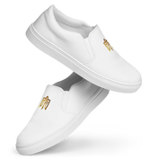 Gold Ukrainian Trizub slip-on white canvas shoes with durable rubber outsole and comfortable fit.