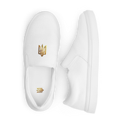 Gold Ukrainian Trizub slip-on canvas shoes with breathable lining and durable rubber outsole, showcasing style and comfort.