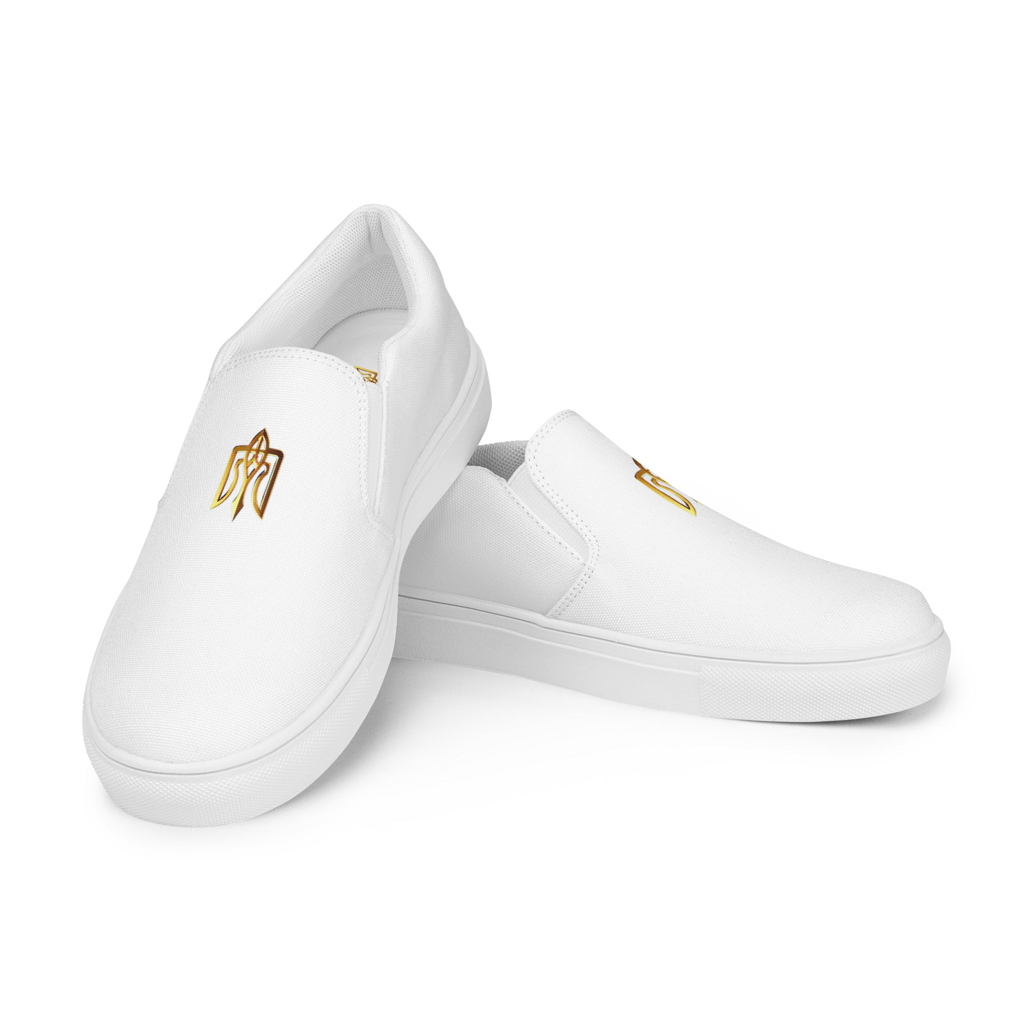 Gold Ukrainian Trizub slip-on canvas shoes with white finish and rubber sole, showcasing comfortable and stylish design.