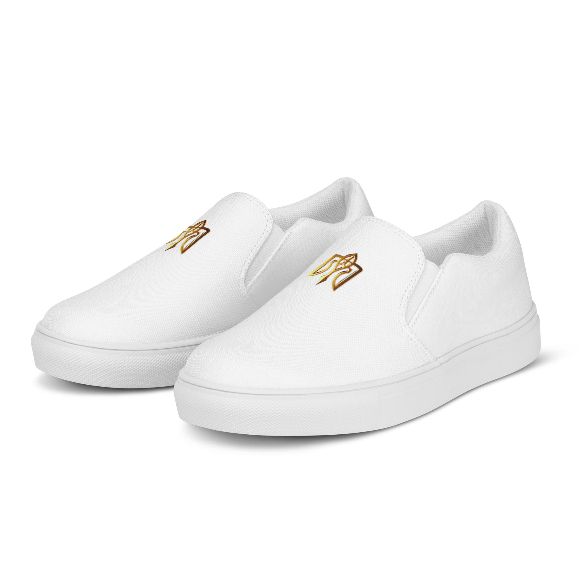 White slip-on canvas shoes with gold Ukrainian Trizub design, featuring durable polyester, breathable lining, and rubber outsole.