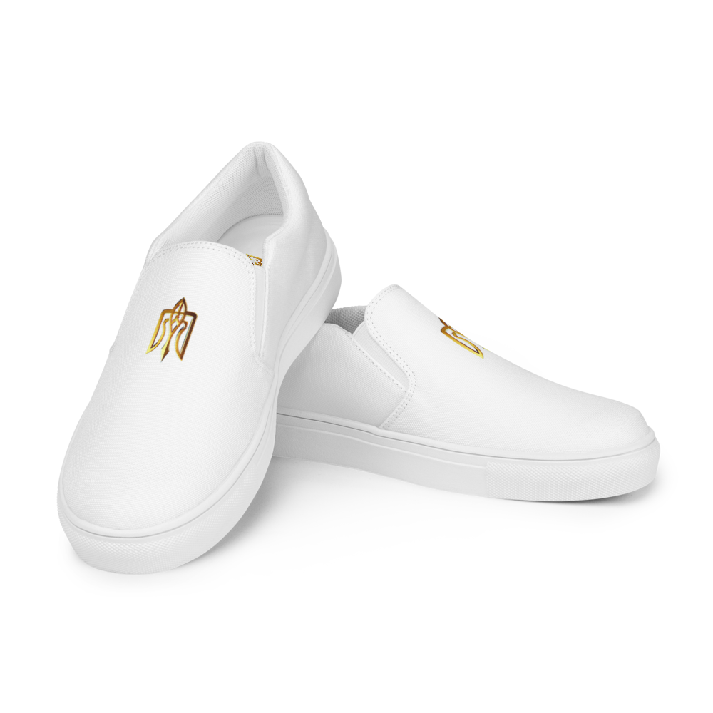 Gold Ukrainian Trizub slip-on canvas shoes with durable polyester, rubber outsole, removable insole, and comfortable fit.