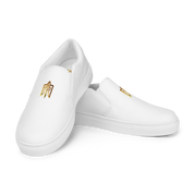 Gold Ukrainian Trizub slip-on canvas shoes with durable polyester, rubber outsole, removable insole, and comfortable fit.