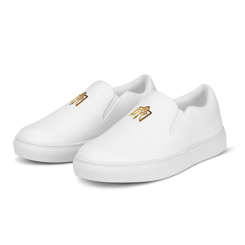 Gold Ukrainian Trizub slip-on canvas shoes with white rubber soles and breathable lining.