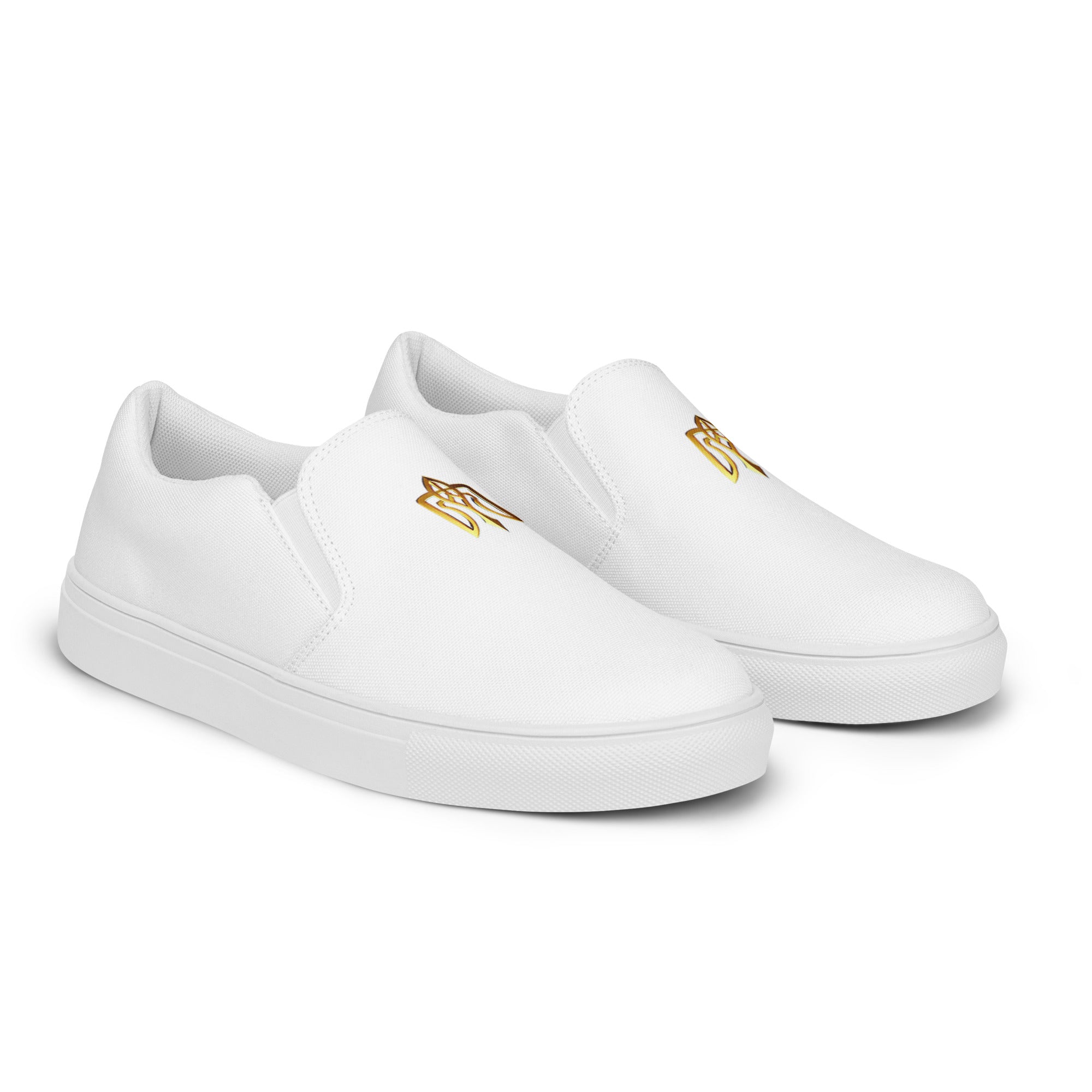 Gold Ukrainian Trizub slip-on canvas shoes, durable and stylish with breathable lining and rubber outsole.