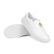 Gold Ukrainian Trizub slip-on canvas shoes with white rubber outsole and elastic side accents.