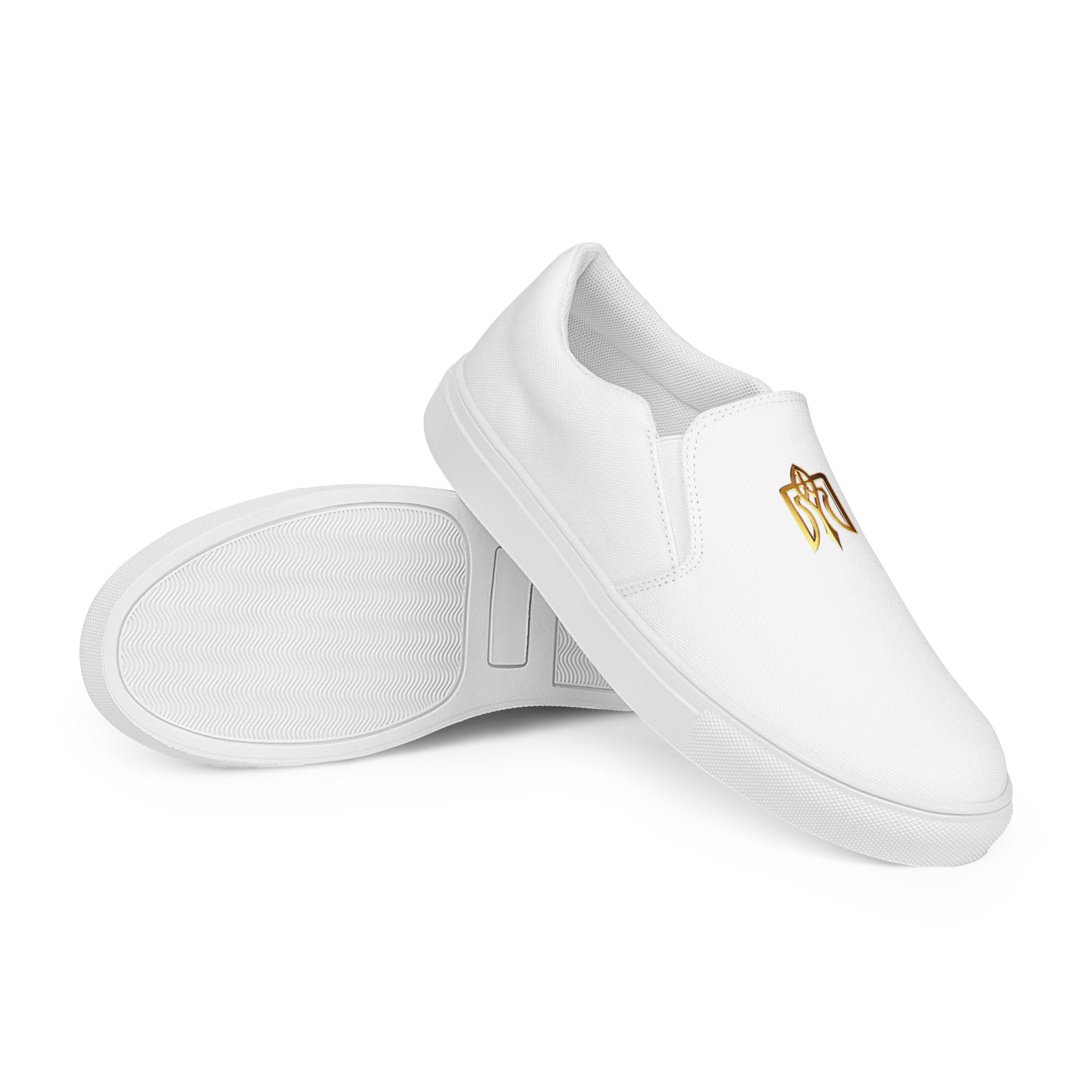 Gold Ukrainian Trizub slip-on canvas shoes with white rubber outsole and elastic side accents.