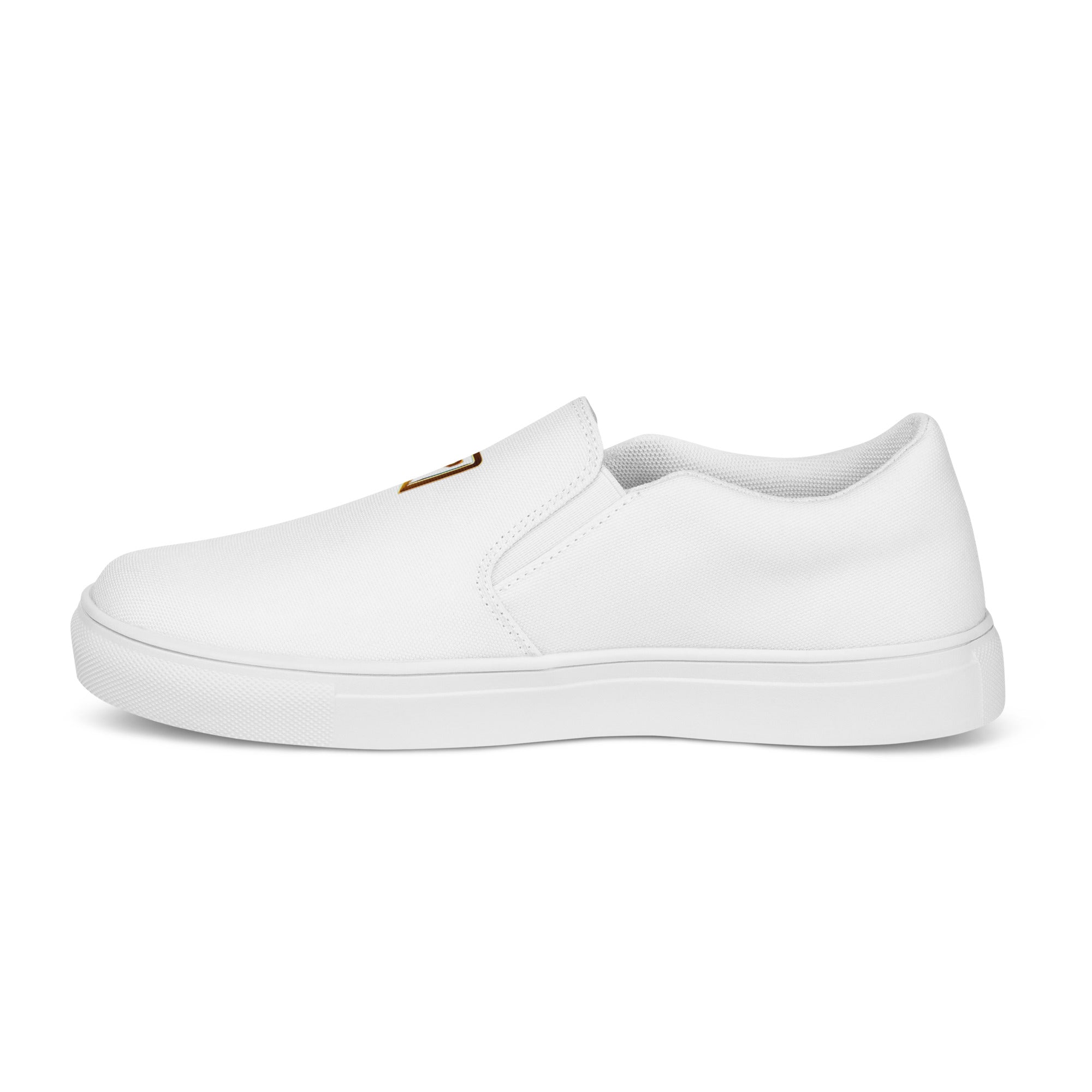 Gold Ukrainian Trizub slip-on canvas shoe side view, featuring white design with durable polyester canvas and rubber outsole.