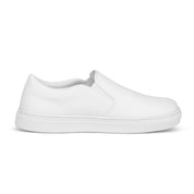 White slip-on canvas shoe side view on a white background.