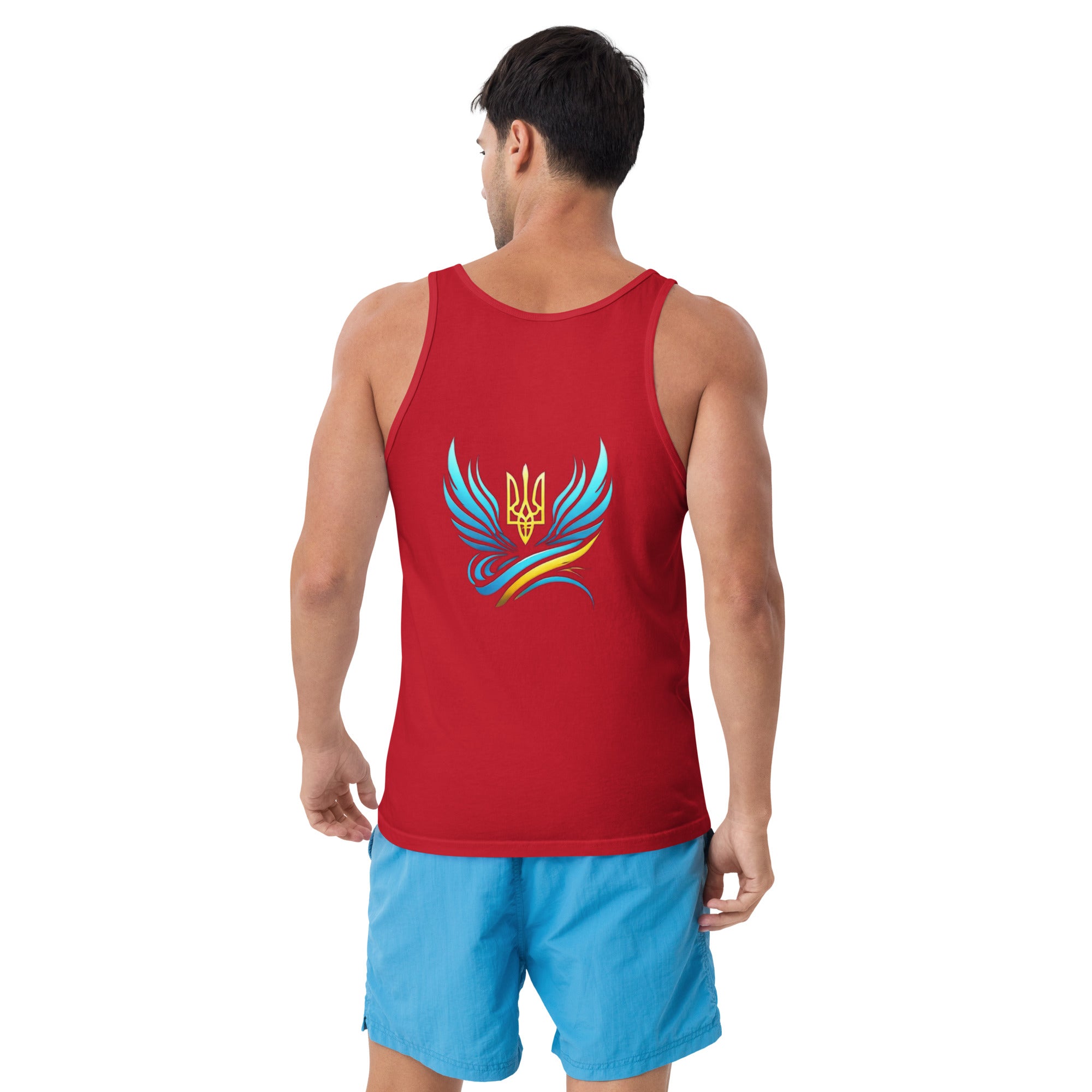 Man wearing Ukrainian men's tank top with trident logo, red color, back view