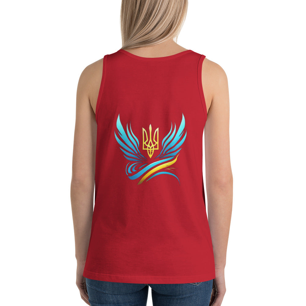 Woman wearing a red Ukrainian tank top featuring a trident logo and colorful wings design on the back.