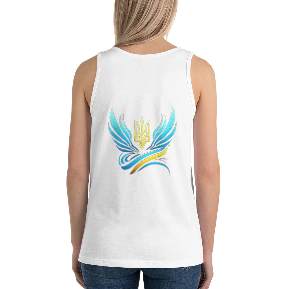 Back view of Ukrainian women's T-shirt with trident logo in blue and yellow wings, showcasing bold design and comfort.
