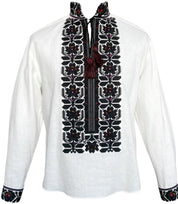 Men’s white linen Ukrainian vyshyvanka with traditional geometric embroidery, ideal for Easter or festive occasions.