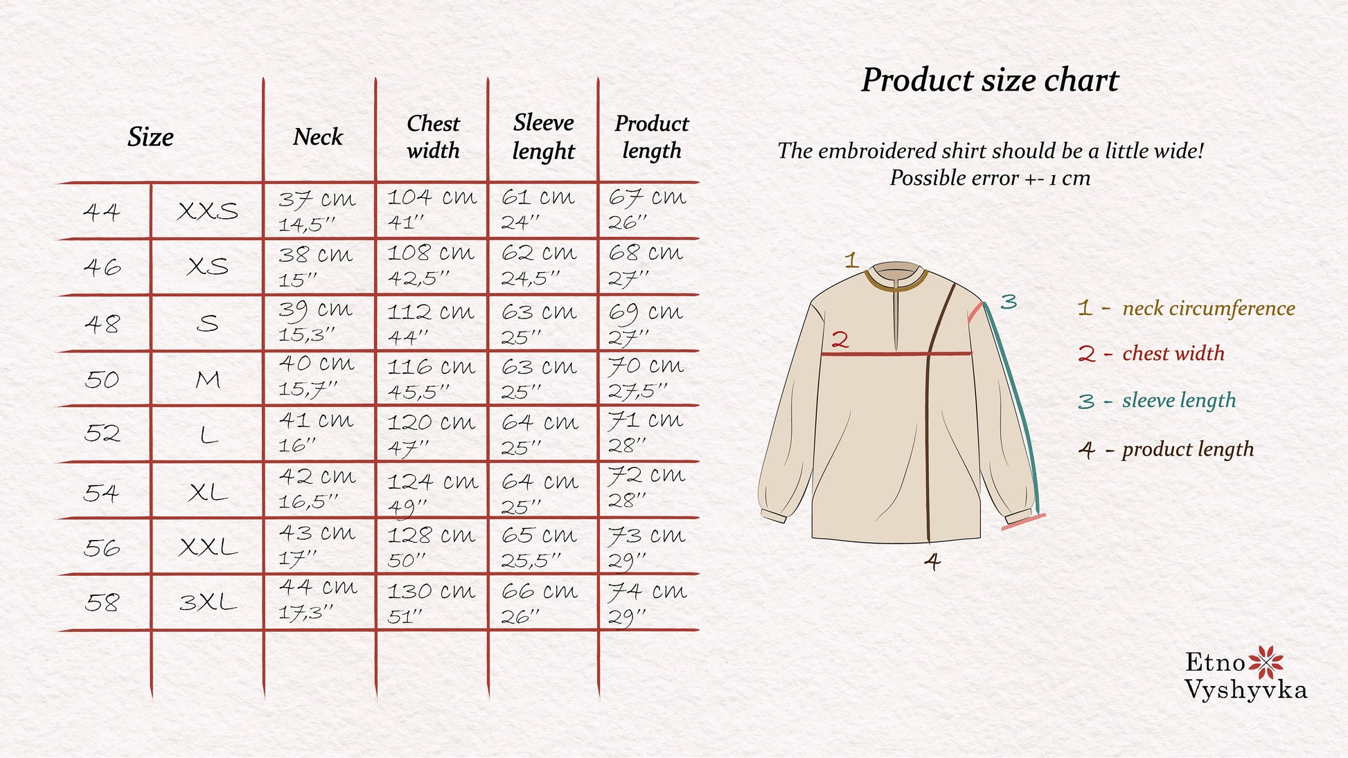 Size chart for men's embroidered Vyshyvanka shirt detailing neck, chest, sleeve, and product length measurements.