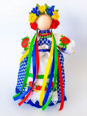 Ukrainian Motanka Doll Amulet with floral design and colorful ribbons, symbolizing protection and prosperity, 8.7 inches tall.