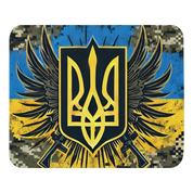 Ukrainian military mousepad with Tryzub emblem and flag design on camouflage background.