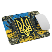 Ukrainian military mousepad with Tryzub emblem, camouflage pattern, and flag, featuring a non-slip base and smooth surface for precise control.