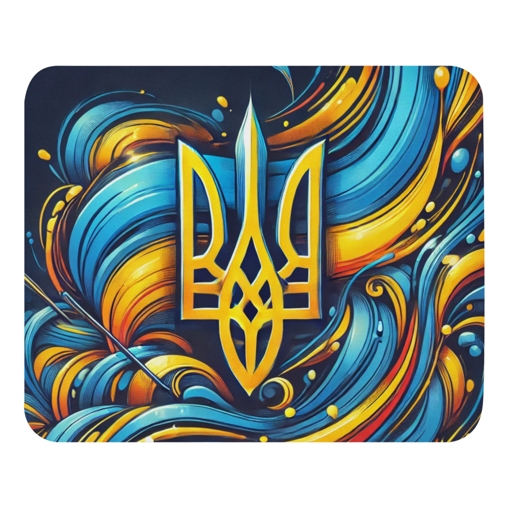 Ukrainian Tryzub mousepad with abstract blue and yellow swirl inspired by the flag, featuring a bold design for workspace enhancement.