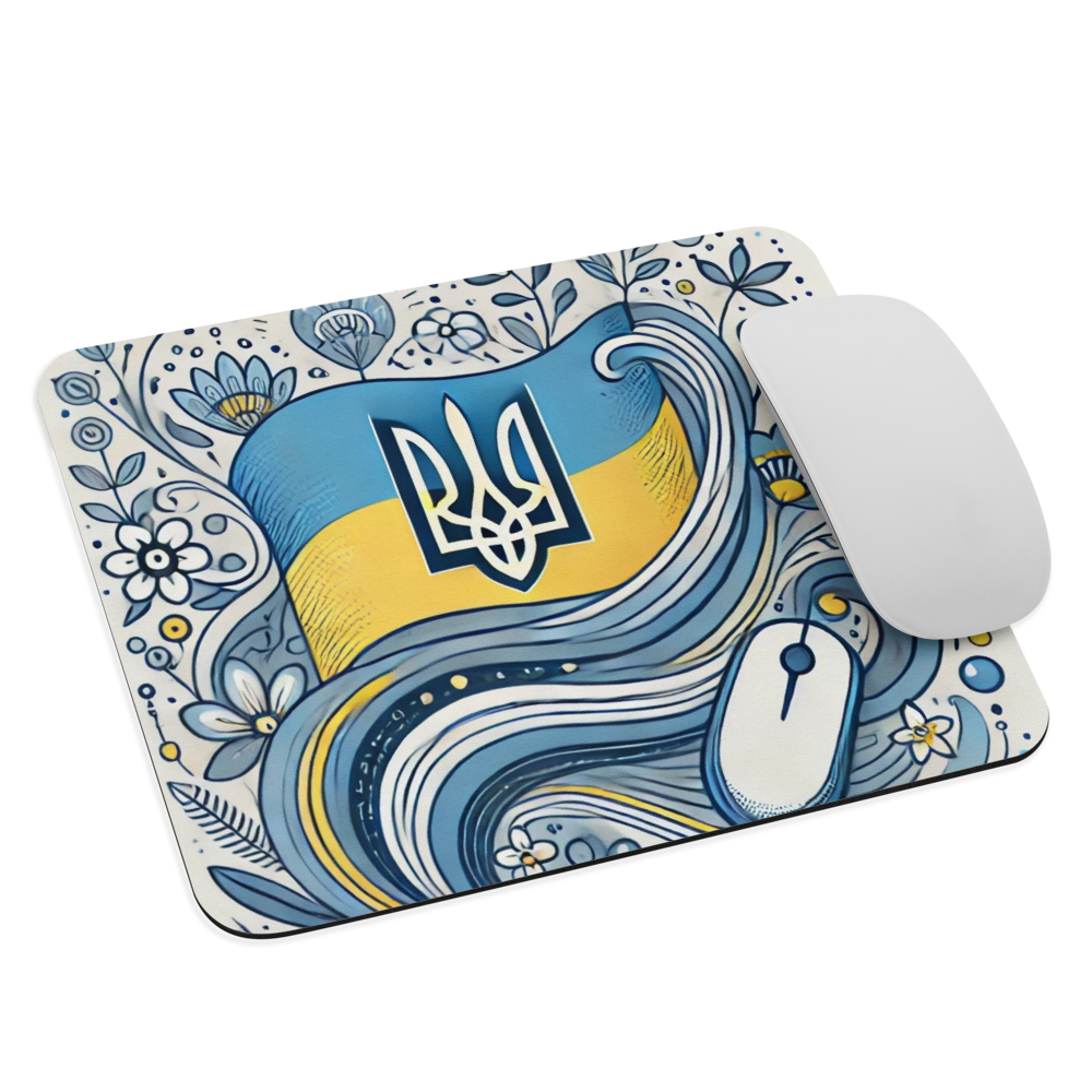 Ukrainian flag mousepad with Tryzub emblem and floral design, featuring non-slip base for desk stability and smooth mouse movement.