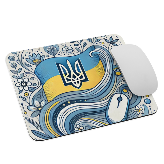 Ukrainian flag mousepad with Tryzub emblem and floral design, featuring non-slip base for desk stability and smooth mouse movement.