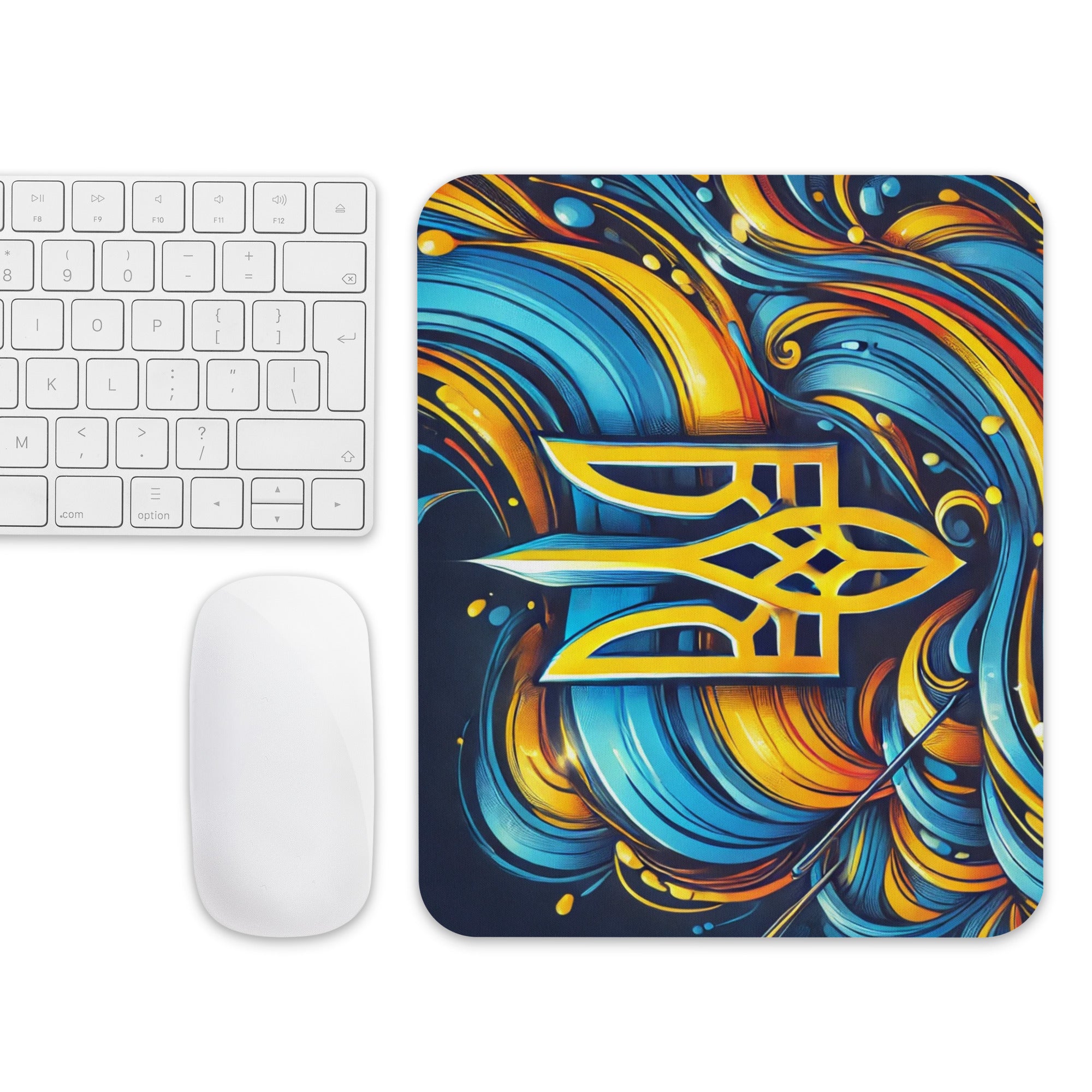 Ukrainian Tryzub mousepad with abstract blue and yellow swirl design, non-slip rubber base, perfect for workspace or gaming desk.