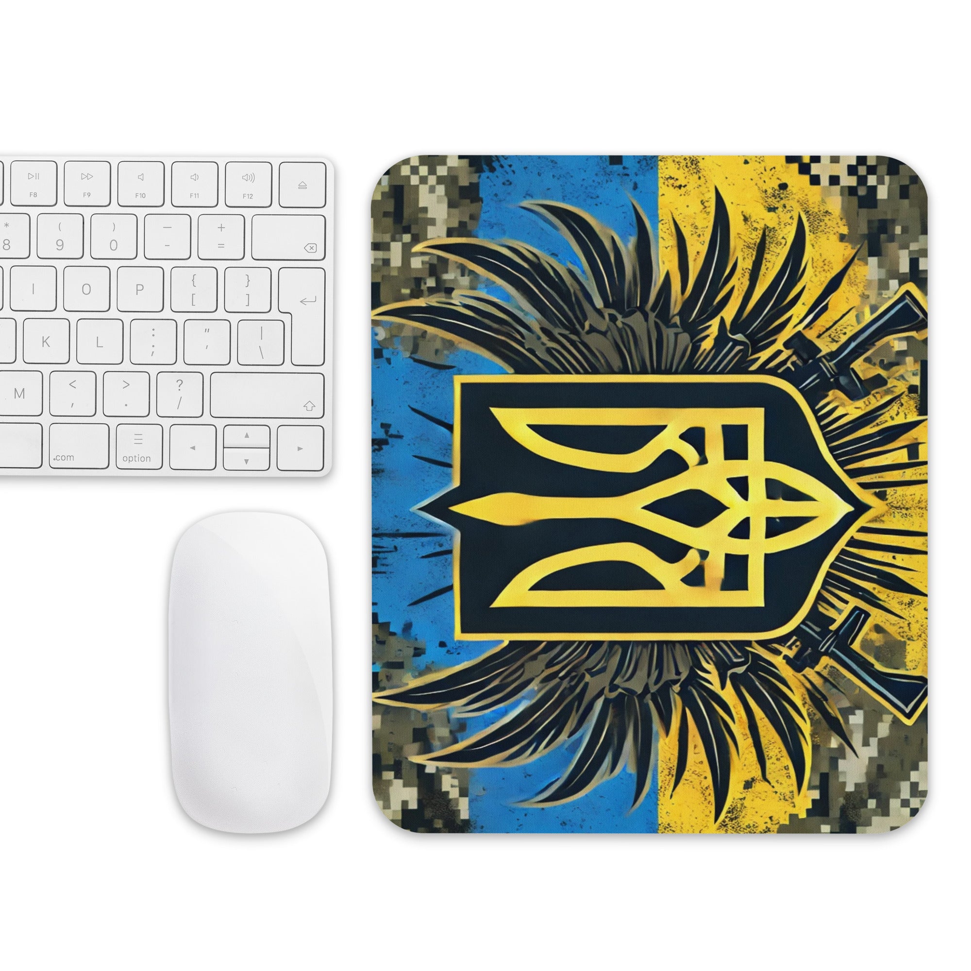 Ukrainian military mousepad with Tryzub emblem, featuring camouflage and flag design, non-slip rubber base, ideal for gaming and work.