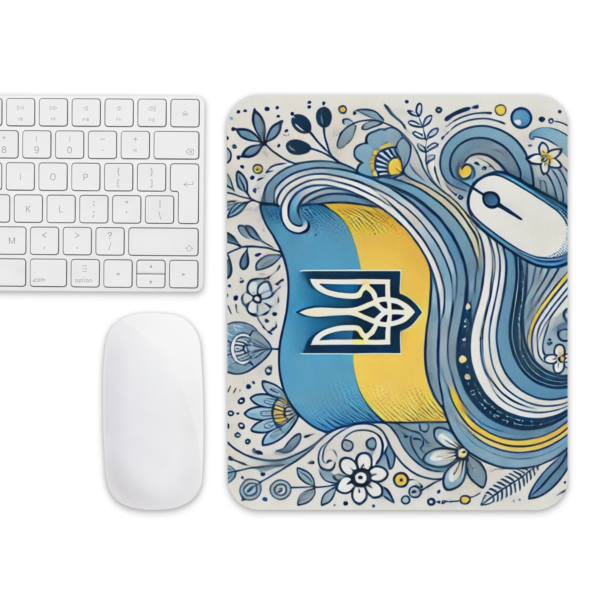 Ukrainian flag mousepad with Tryzub emblem and floral design, non-slip base, smooth surface for precise mouse movement.