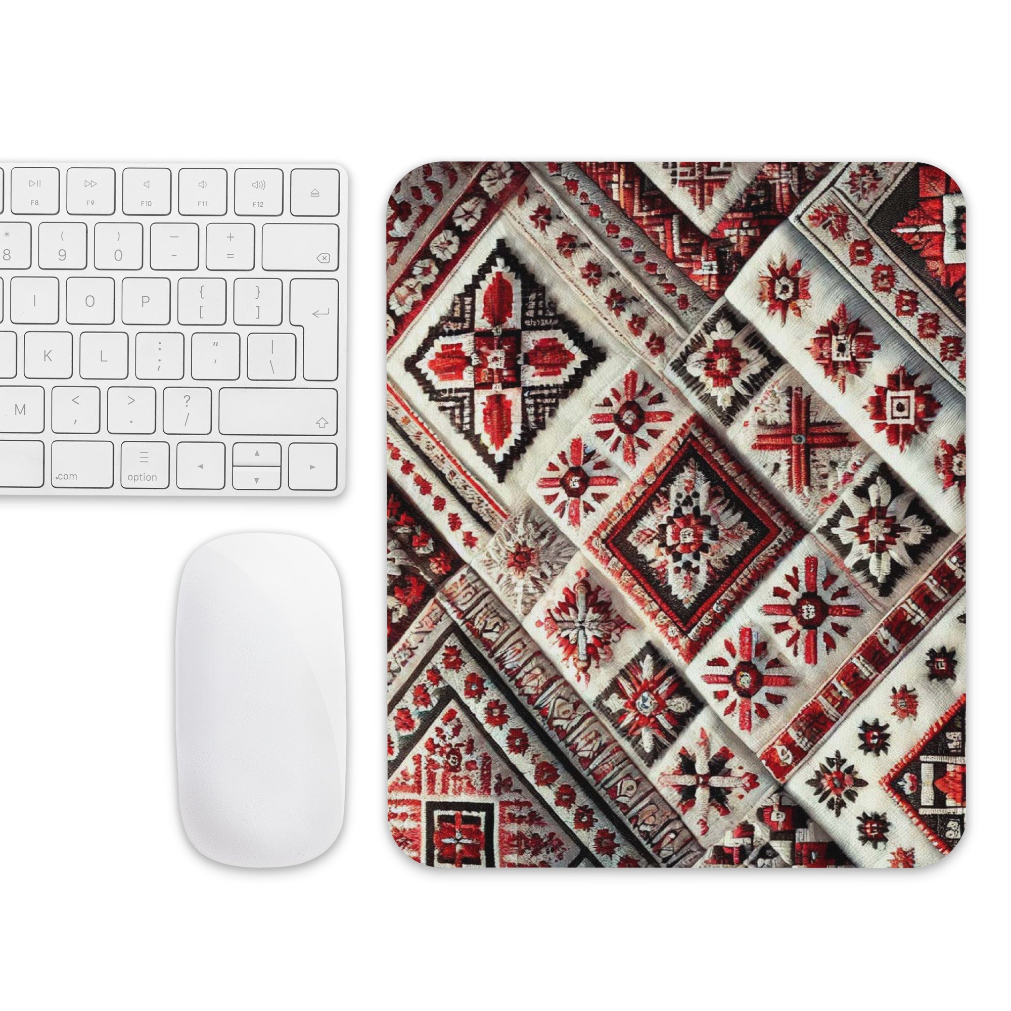 Ukrainian carpet-inspired mouse pad with traditional patterns next to a keyboard and mouse, enhancing desk style and functionality.