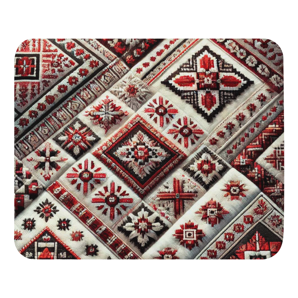 Vintage Ukrainian carpet mouse pad with traditional red and black geometric patterns, offering cultural flair and non-slip surface.