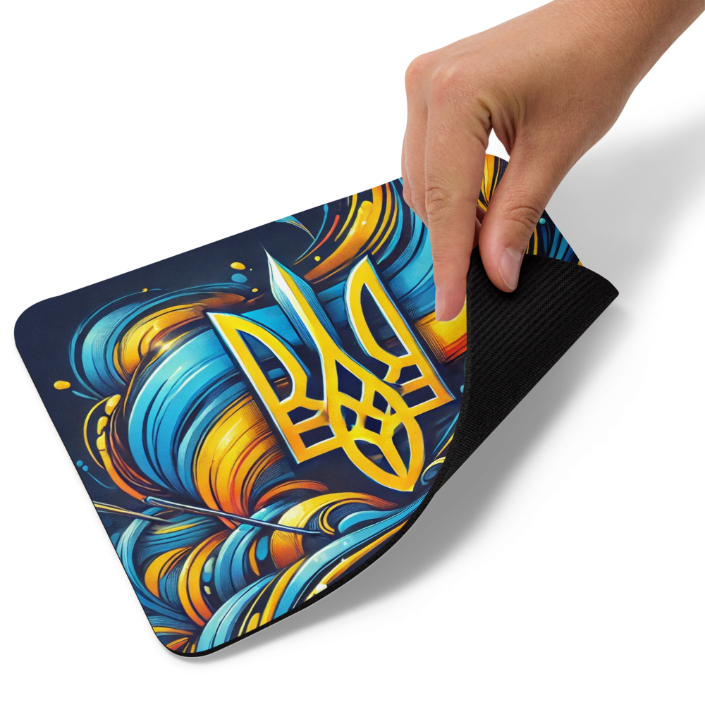 Ukrainian Tryzub mousepad with abstract blue and yellow swirl design, featuring non-slip rubber base for stability and smooth surface.