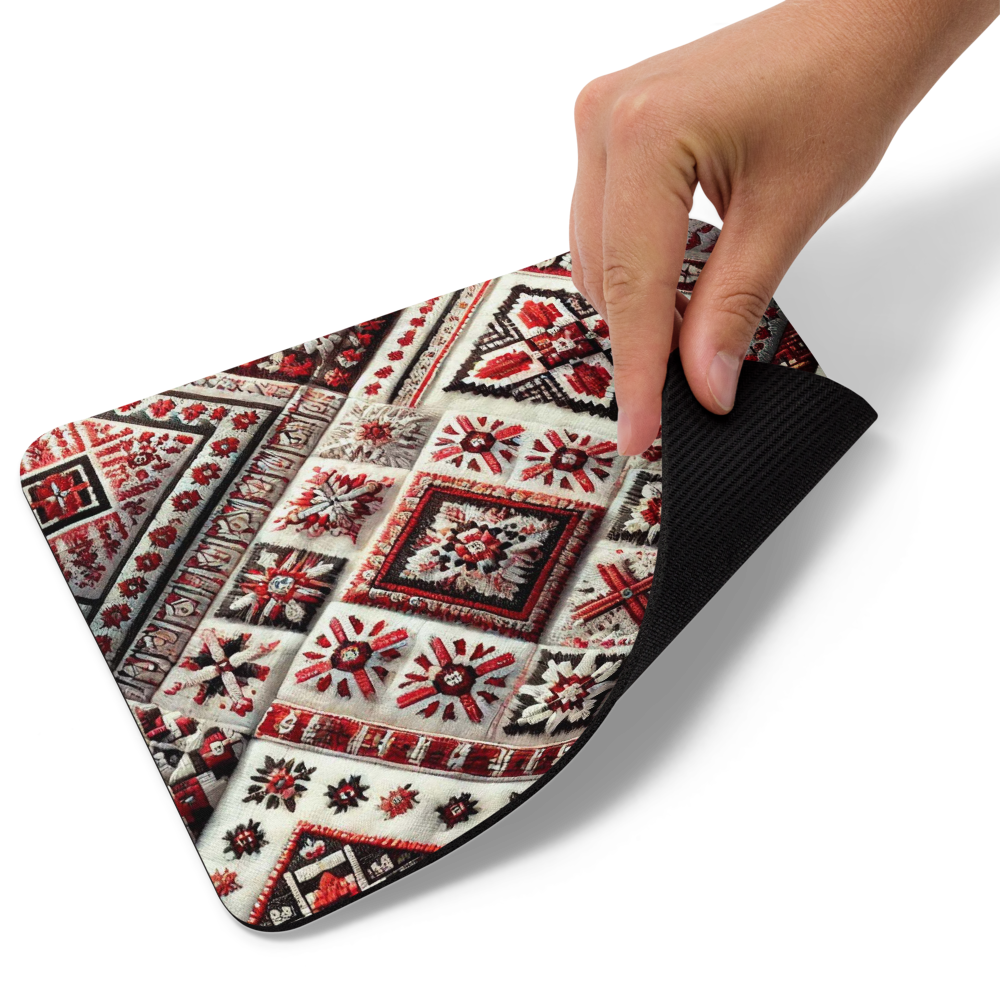 Vintage Ukrainian carpet mouse pad with traditional red and black patterns, flexible with a non-slip rubber base, ideal for desk use.