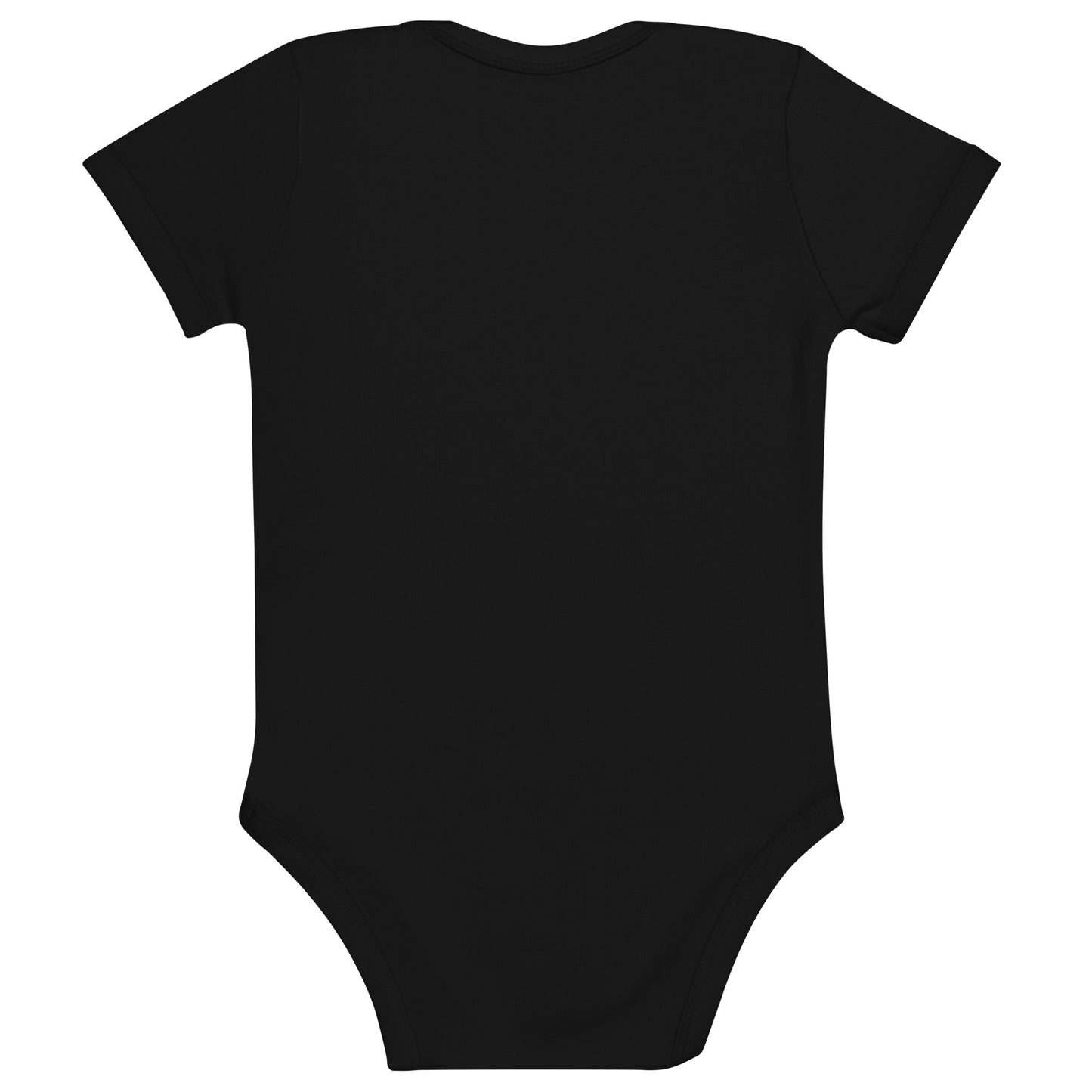 Black organic cotton baby bodysuit; back view, featuring soft, durable fabric for comfort and style.