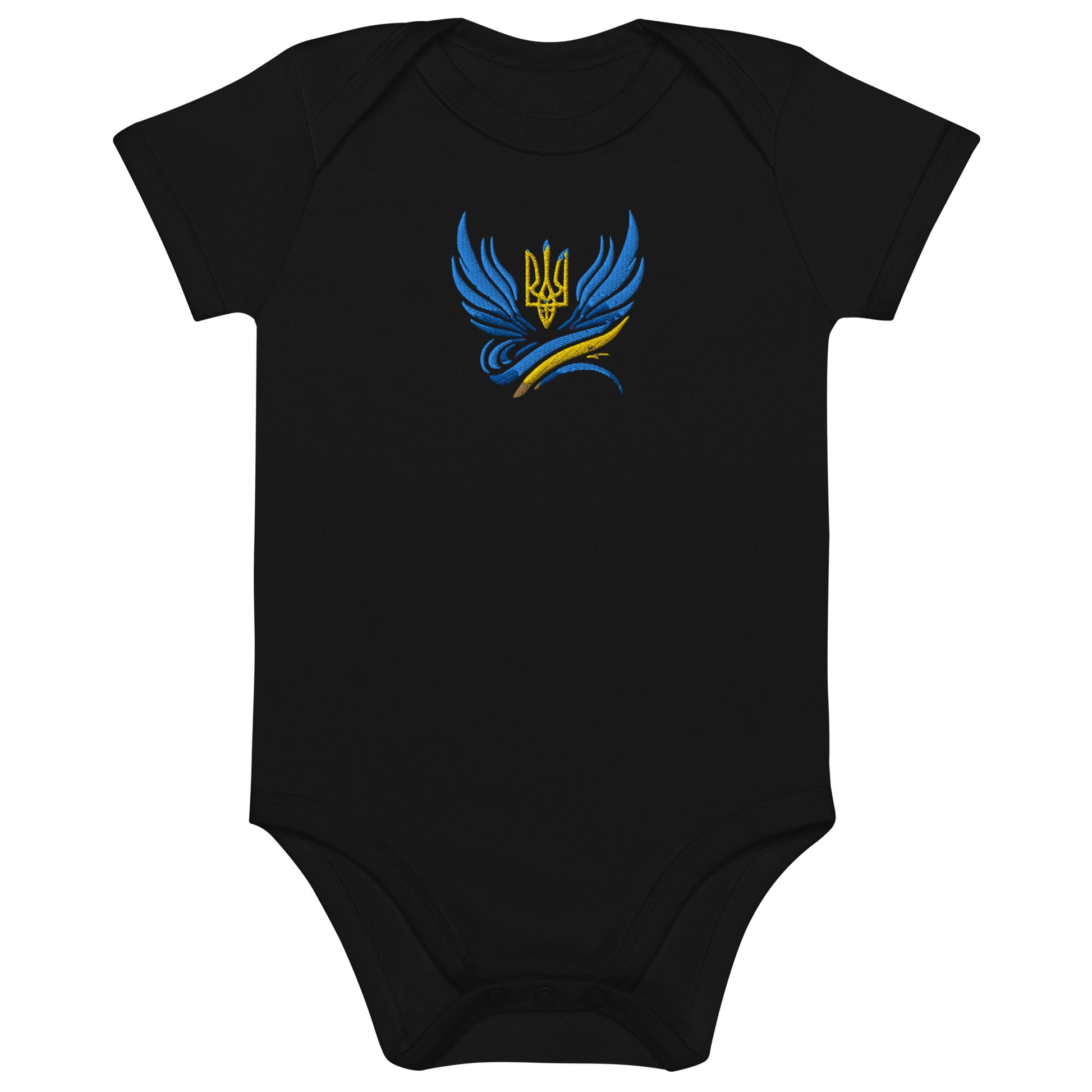 Organic cotton baby bodysuit with Ukrainian Tryzub logo in black, showcasing patriotic design and sustainable comfort.