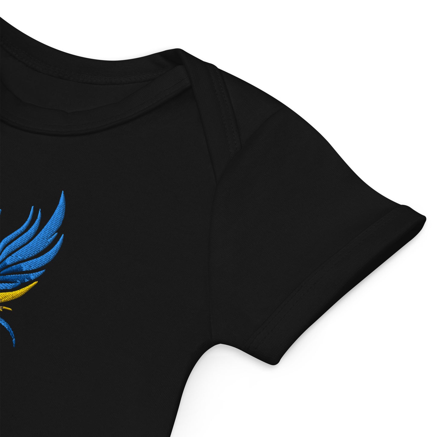 Organic cotton baby bodysuit with blue and yellow Tryzub logo, celebrating Ukrainian heritage and sustainability.