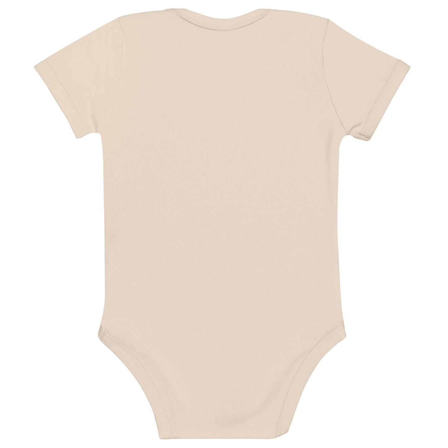 Organic cotton baby bodysuit in beige featuring Ukrainian Tryzub logo, soft and eco-friendly for babies.