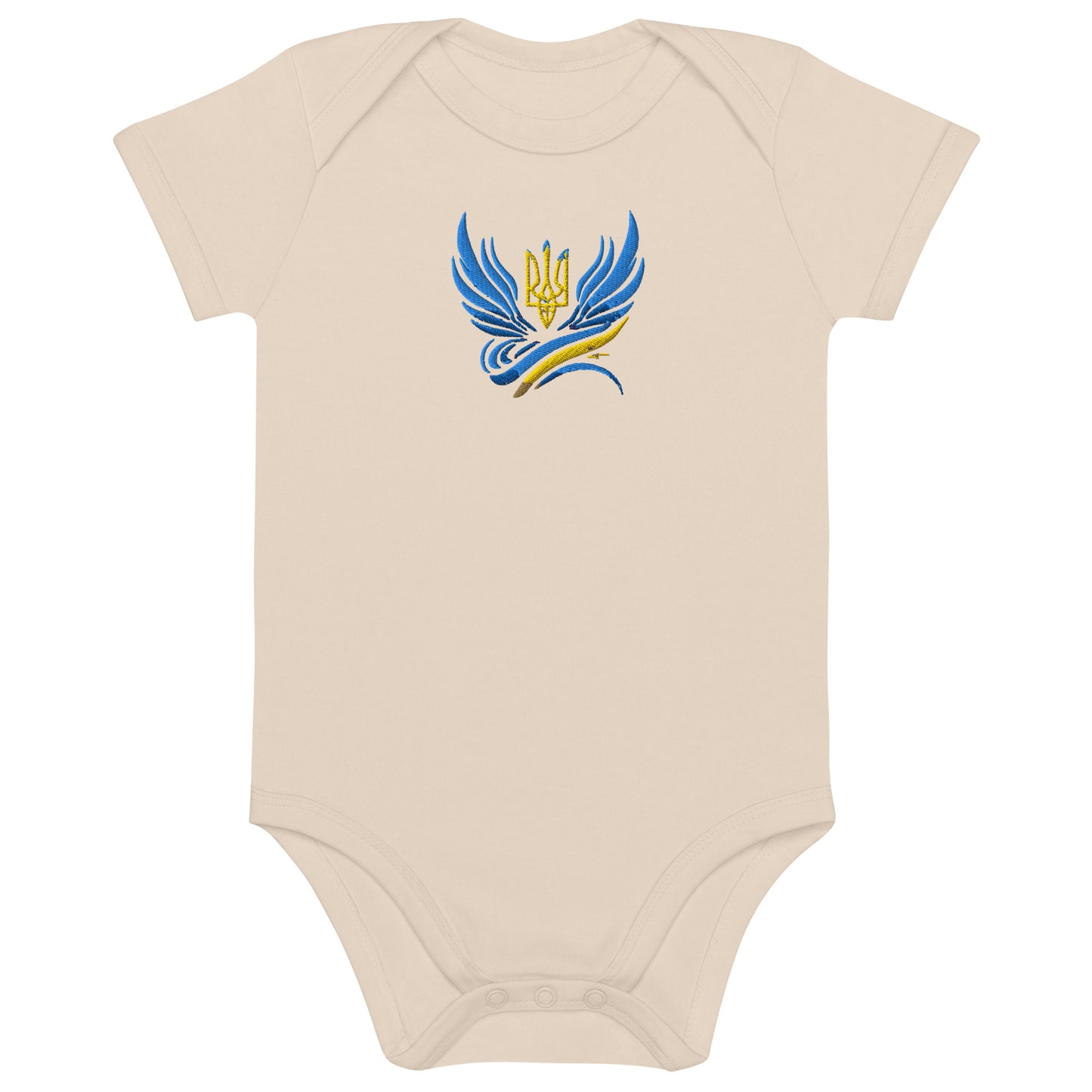 Organic cotton baby bodysuit with Ukrainian Tryzub logo, soft and eco-friendly, celebrating Ukrainian heritage and sustainability.