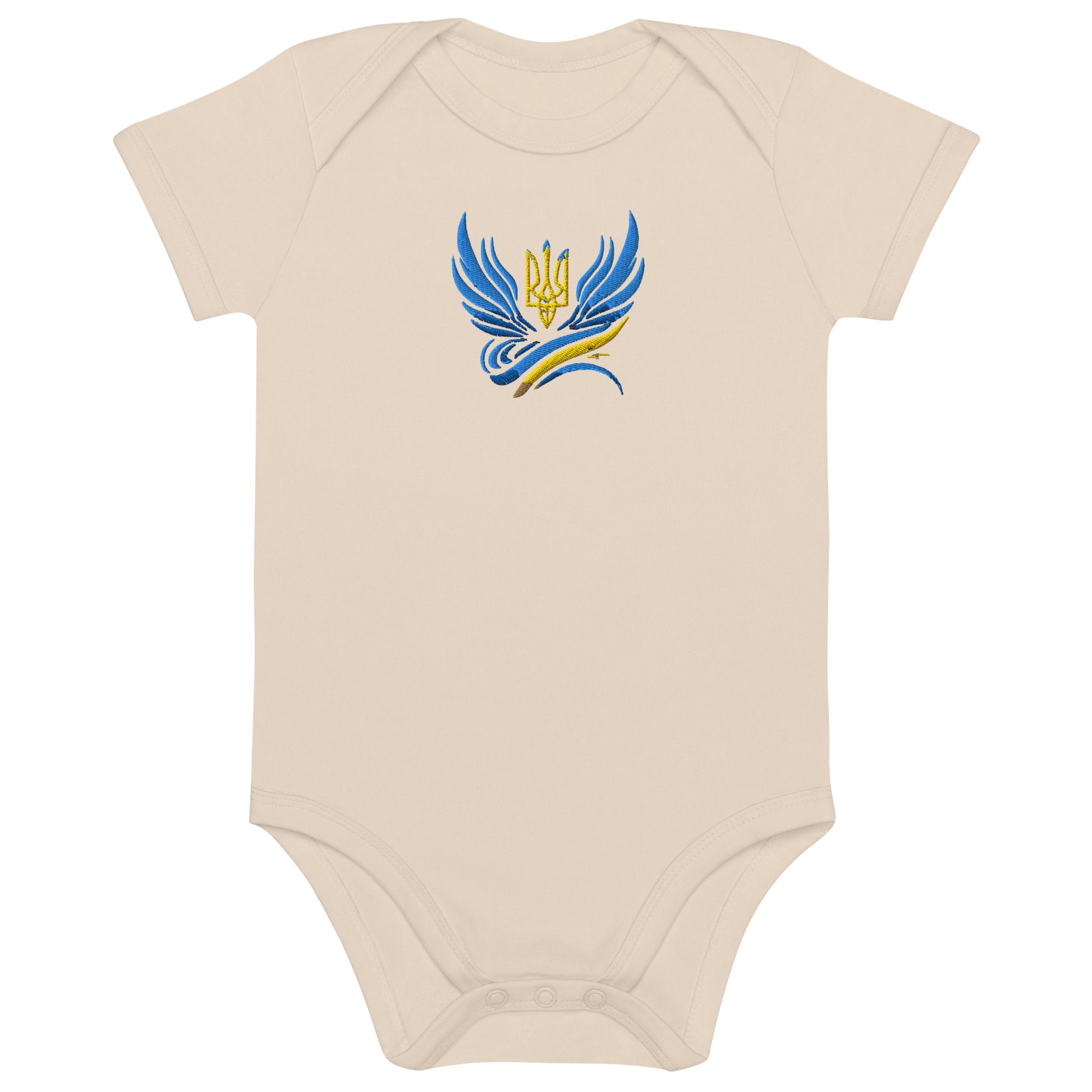 Organic cotton baby bodysuit with Ukrainian Tryzub logo, soft and eco-friendly, celebrating Ukrainian heritage and sustainability.