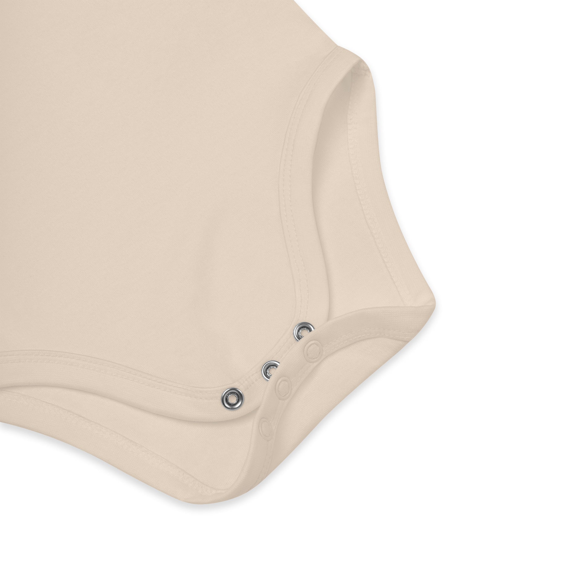 Organic cotton baby bodysuit snap buttons detail in beige fabric.