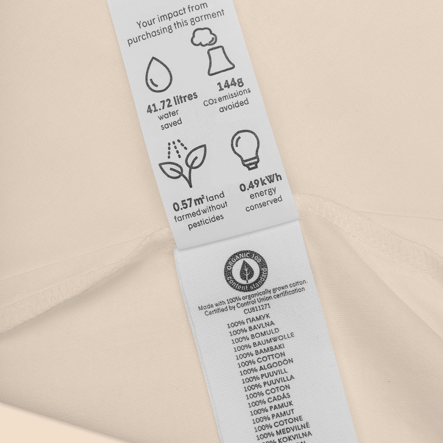 Sustainability impact labels on organic cotton garment, showing water savings, reduced CO2 emissions, and energy conservation.